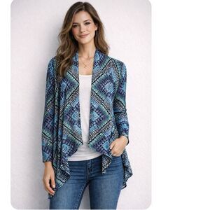 Chico’s Blue Abstract Open Front Lightweight Cardigan Size 3 US XL Asymmetrical